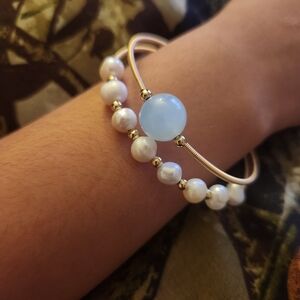 Gold & Pearl Beaded Bracelet with Light Blue Gem Accent